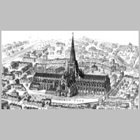 A 1916 engraving of Old St Paul's as it appeared before the fire of 1561 in which the spire was destroyed,  Francis Bond (1852-1918) Anton van den Wyngaerde (1525-1571 W.H. Prior, Typographic Etching Co (Wikipedia).jpg